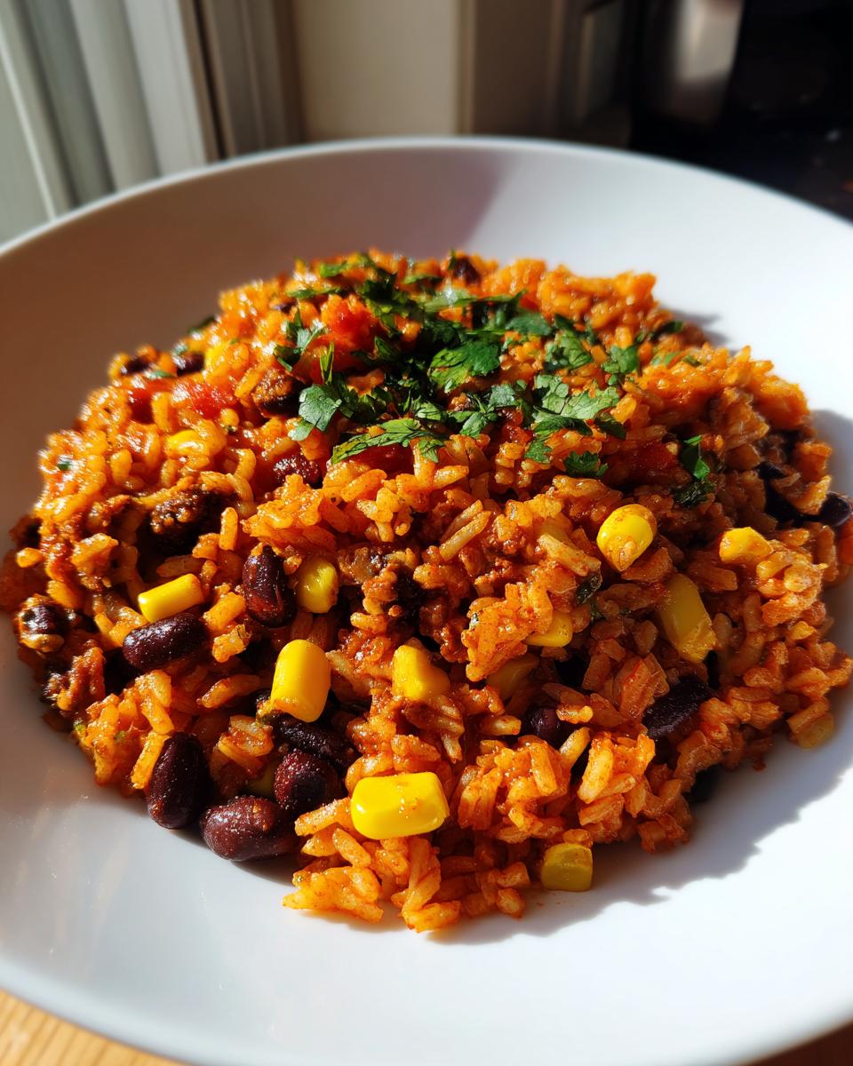 A close-up of a white bowl filled with vibrant orange mexican chorizo rice mixed with black beans and corn, topped with fresh cilantro.