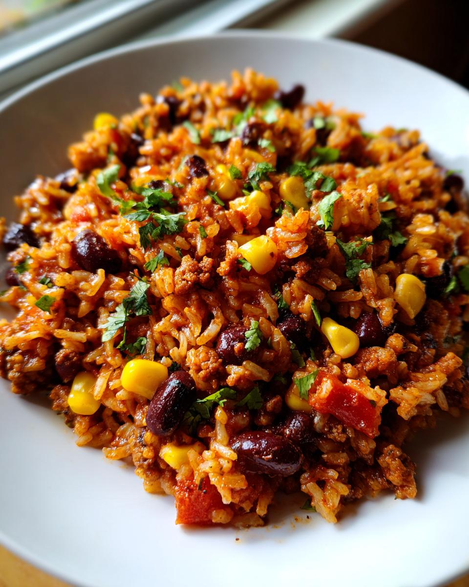 Close-up of a hearty bowl of Mexican chorizo rice mixed with kidney beans, corn, and topped with fresh cilantro.