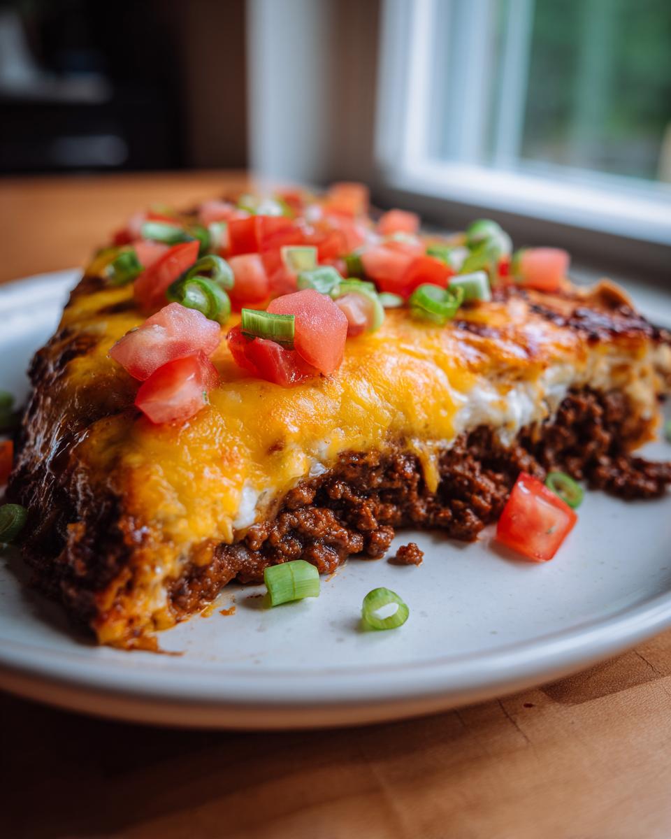 A close-up of a slice of mexican pizza showing layers of seasoned ground beef, melted cheese, and fresh diced tomatoes and green onions.