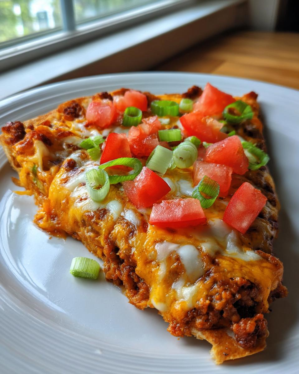 A close-up slice of Mexican pizza topped with melted cheese, seasoned ground meat, diced tomatoes, and green onions.
