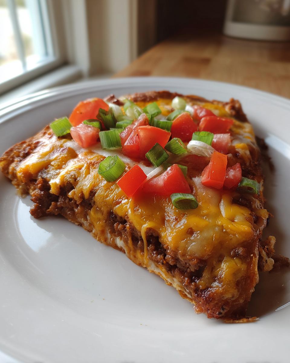 A close-up slice of amazing mexican pizza topped with melted cheese, diced tomatoes, and green onions.