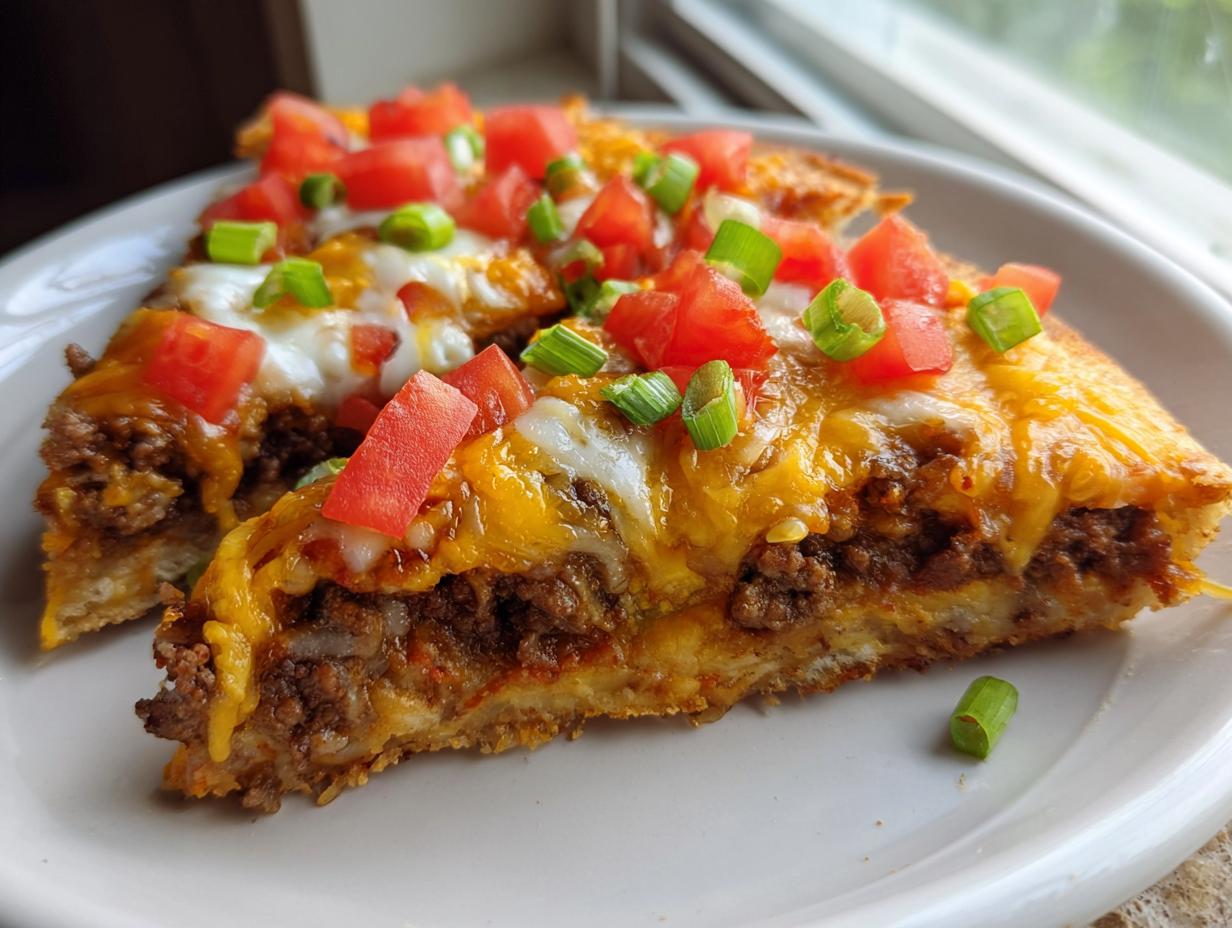 Two slices of cheesy Mexican pizza loaded with seasoned ground beef, melted cheese, diced tomatoes, and green onions.