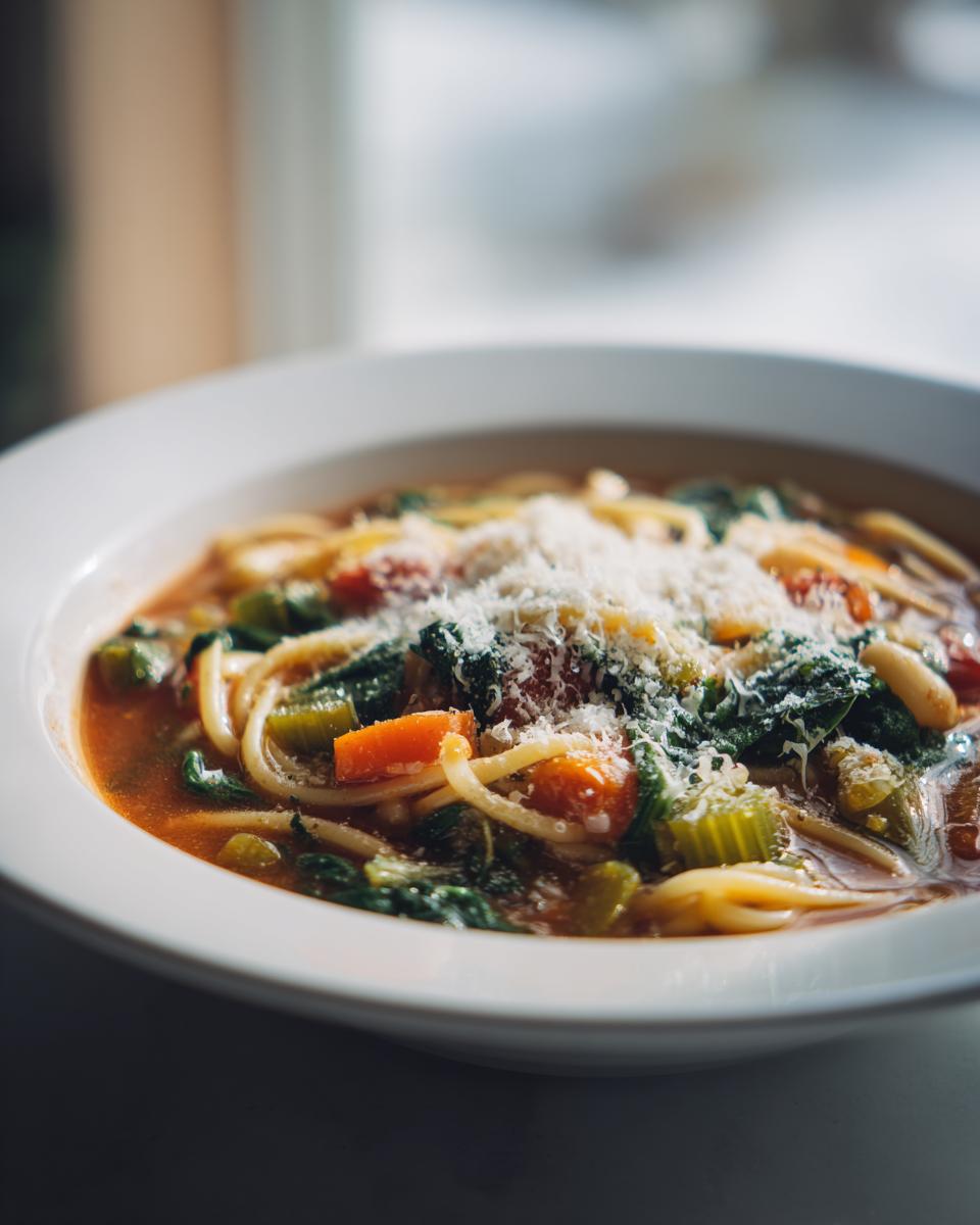 Close-up of a white bowl filled with rich minestrone soup, featuring pasta, vegetables, and grated Parmesan cheese.