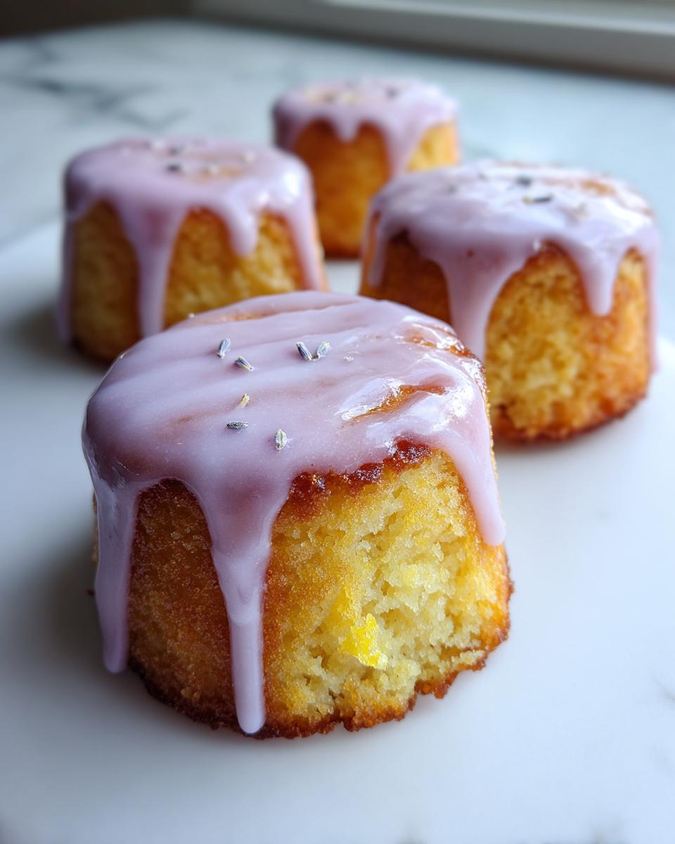Four mini lemon cakes with a thick, dripping lavender glaze, topped with dried lavender buds.