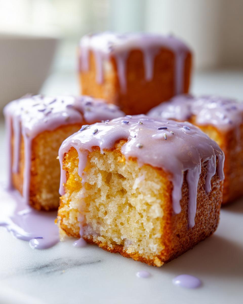 A close-up of mini lemon cakes with lavender glaze, one piece bitten to show the moist interior.
