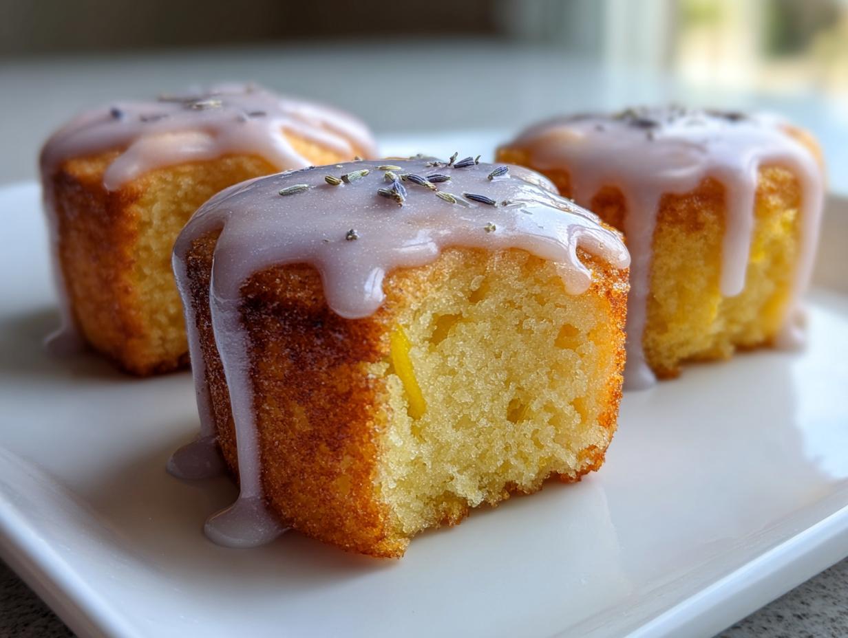 Three mini lemon cakes with lavender glaze drizzled down the sides, one cut open to show the crumb.