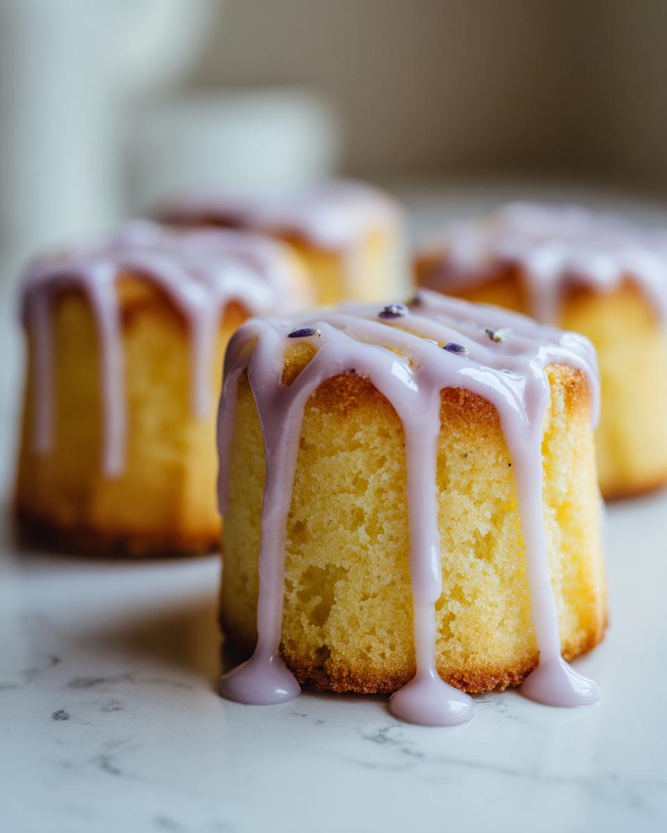 A close-up of a mini lemon cake topped with dripping lavender glaze and sprinkled with dried lavender buds.