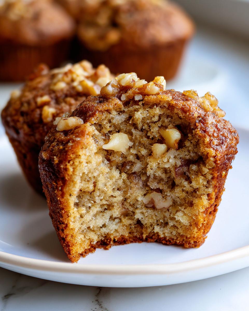 Close-up of a moist banana nut muffin with a bite taken out, showing walnuts inside and on top.