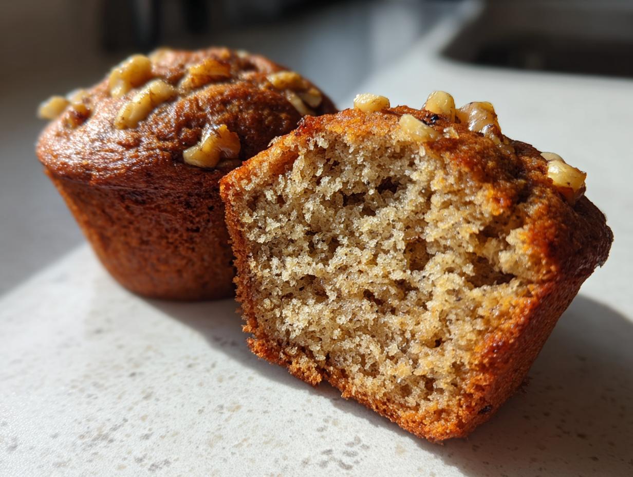 Close-up of a moist banana nut muffin cut in half, showing the crumb texture and walnuts on top.