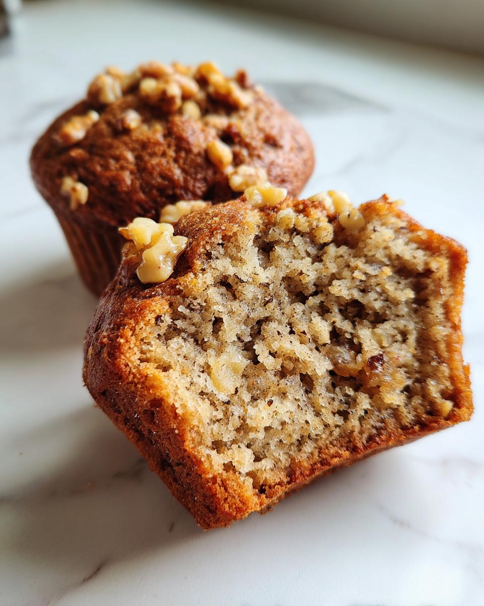 Close-up of a moist banana nut muffin cut in half, showing the crumb texture and walnuts on top.