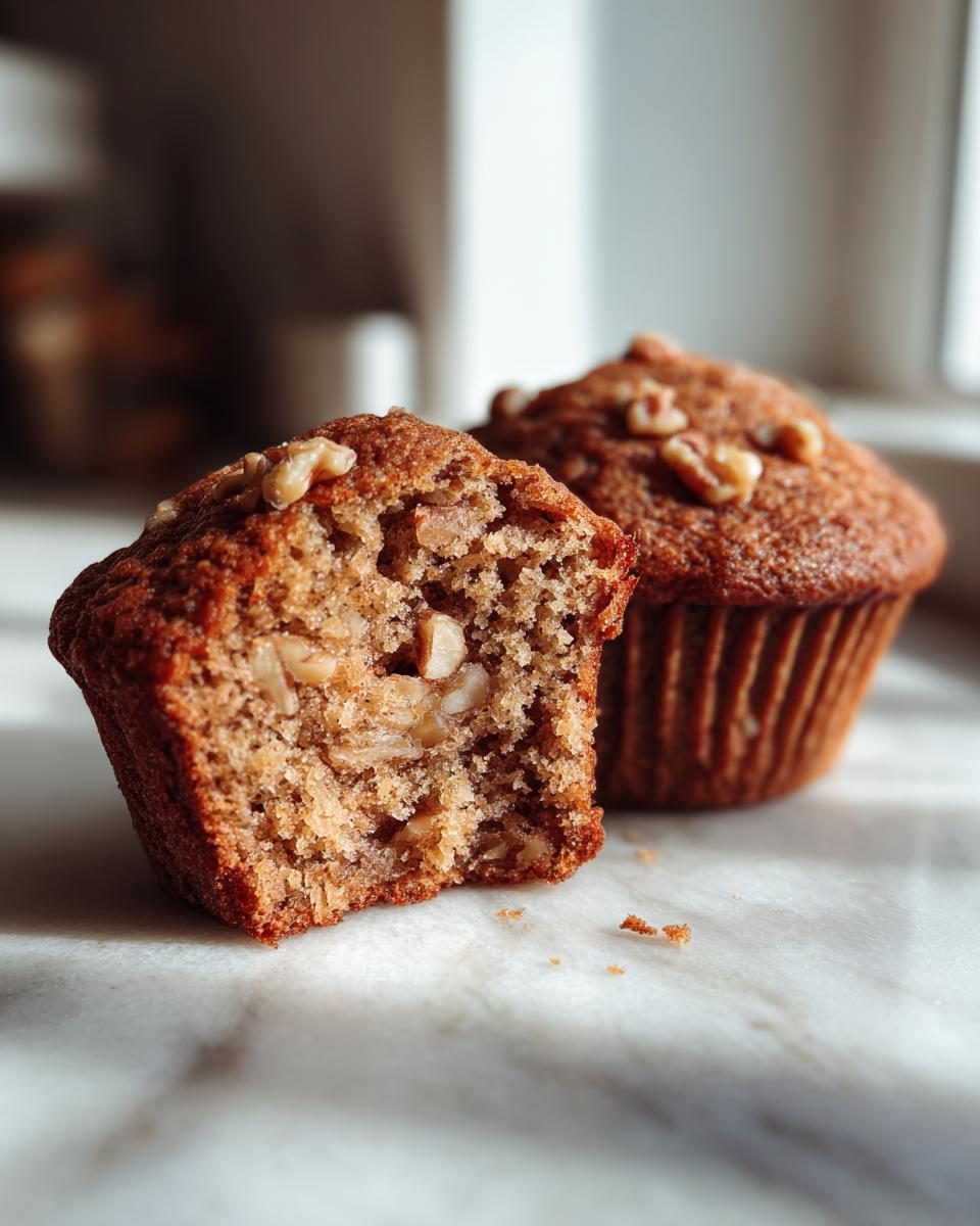 Close-up of a moist banana nut muffin broken in half showing walnuts inside, with another whole muffin behind it.