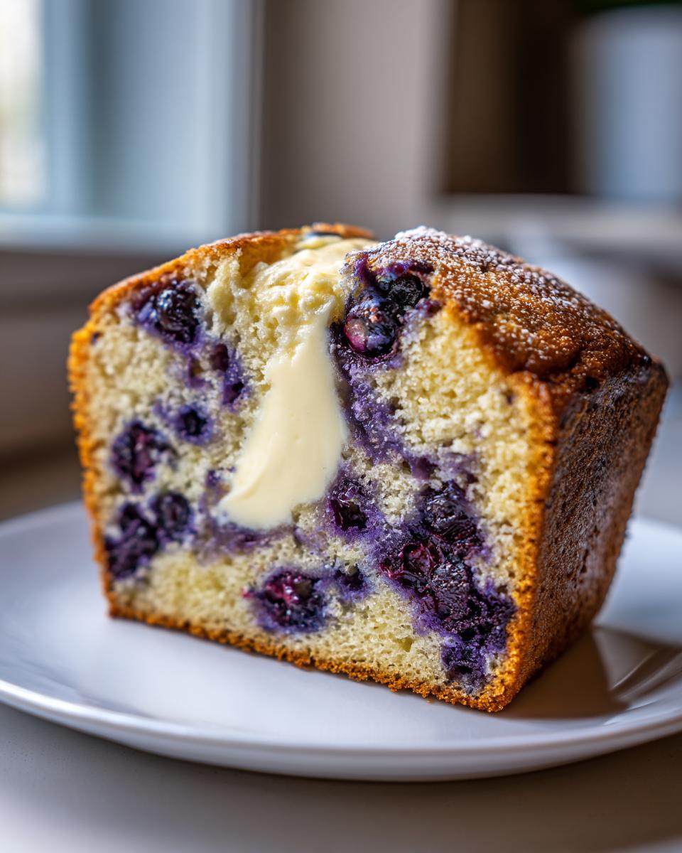 Close-up of a slice of moist blueberry bread with a pocket of cream cheese filling and a dusting of powdered sugar.
