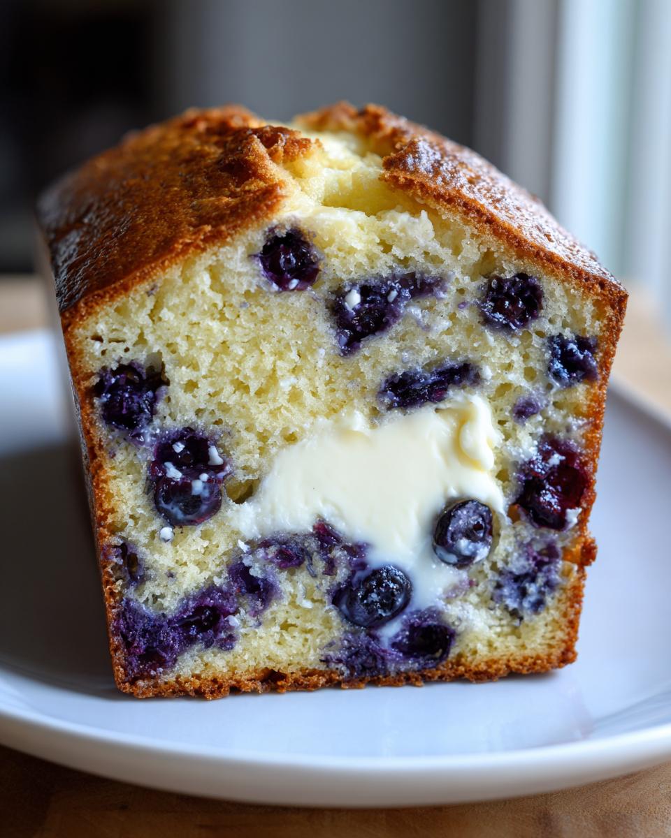 Close-up of a slice of moist blueberry bread with a dollop of melting butter in the center.