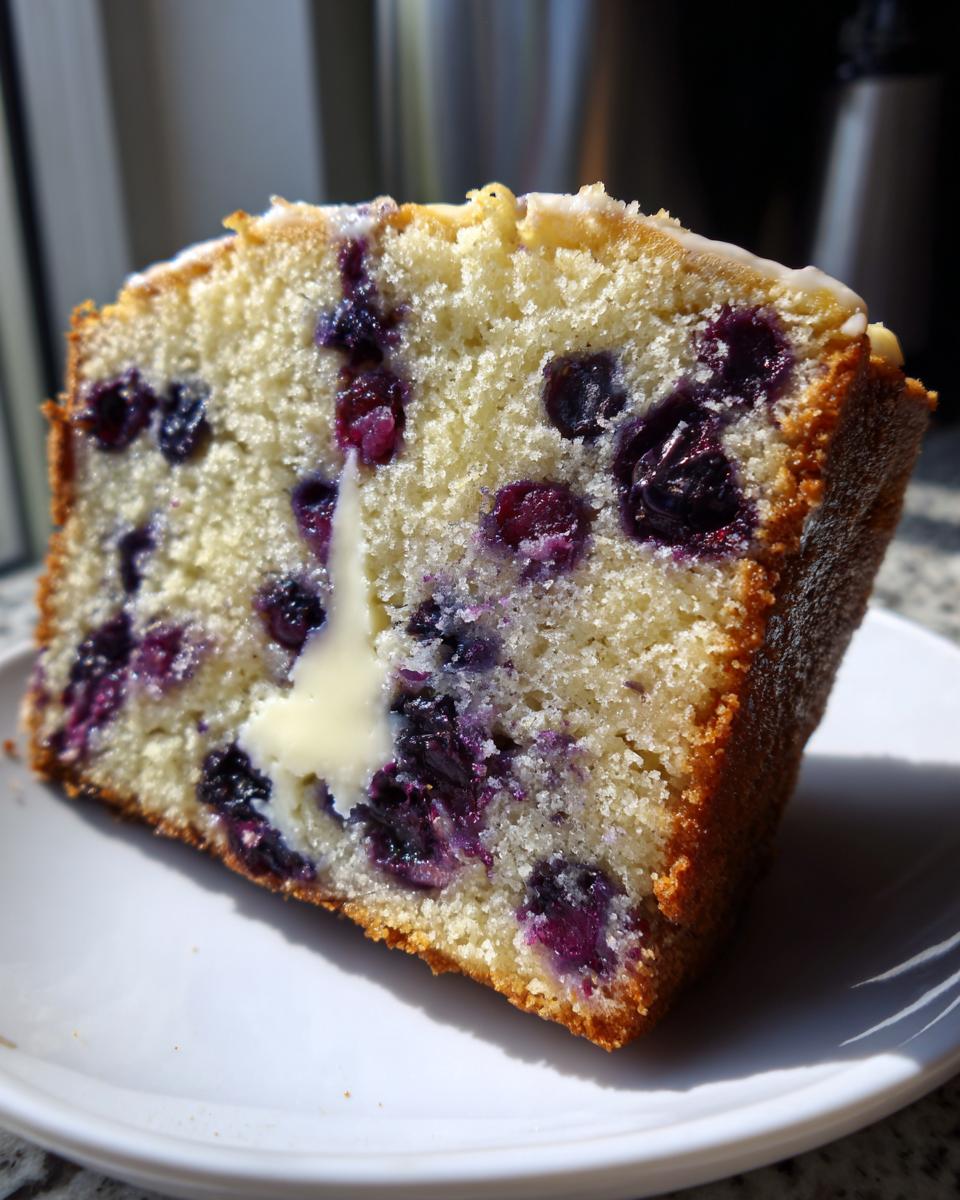 Close-up of a moist slice of blueberry bread with visible blueberries and a melting pat of butter.