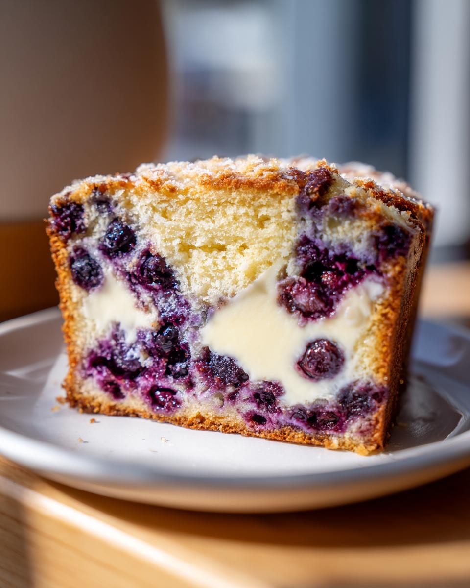 Close-up of a thick slice of moist blueberry bread featuring a cream cheese swirl and a crumb topping.
