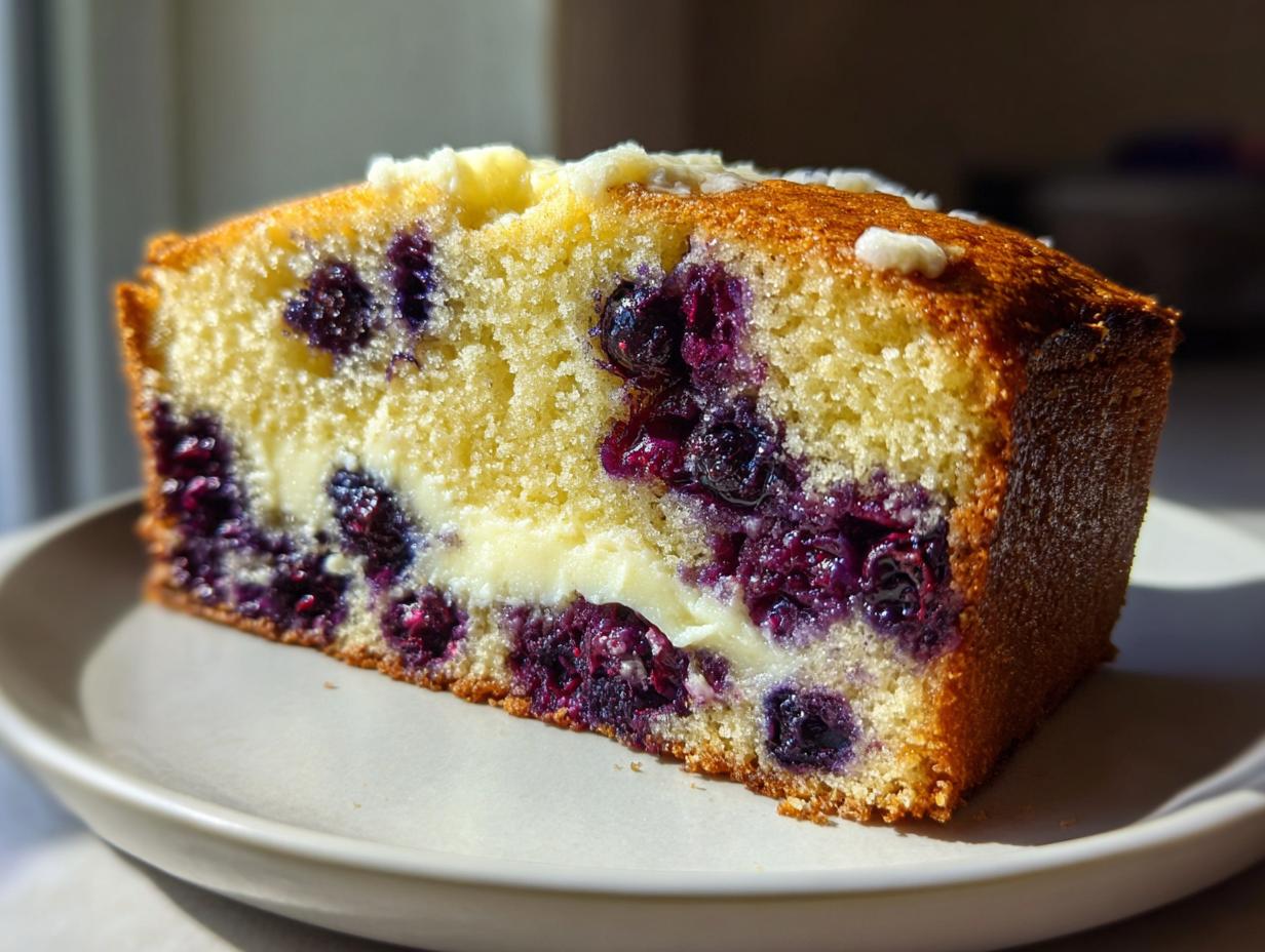 Close-up of a moist slice of blueberry bread featuring a cream cheese swirl and bursting with dark blueberries.