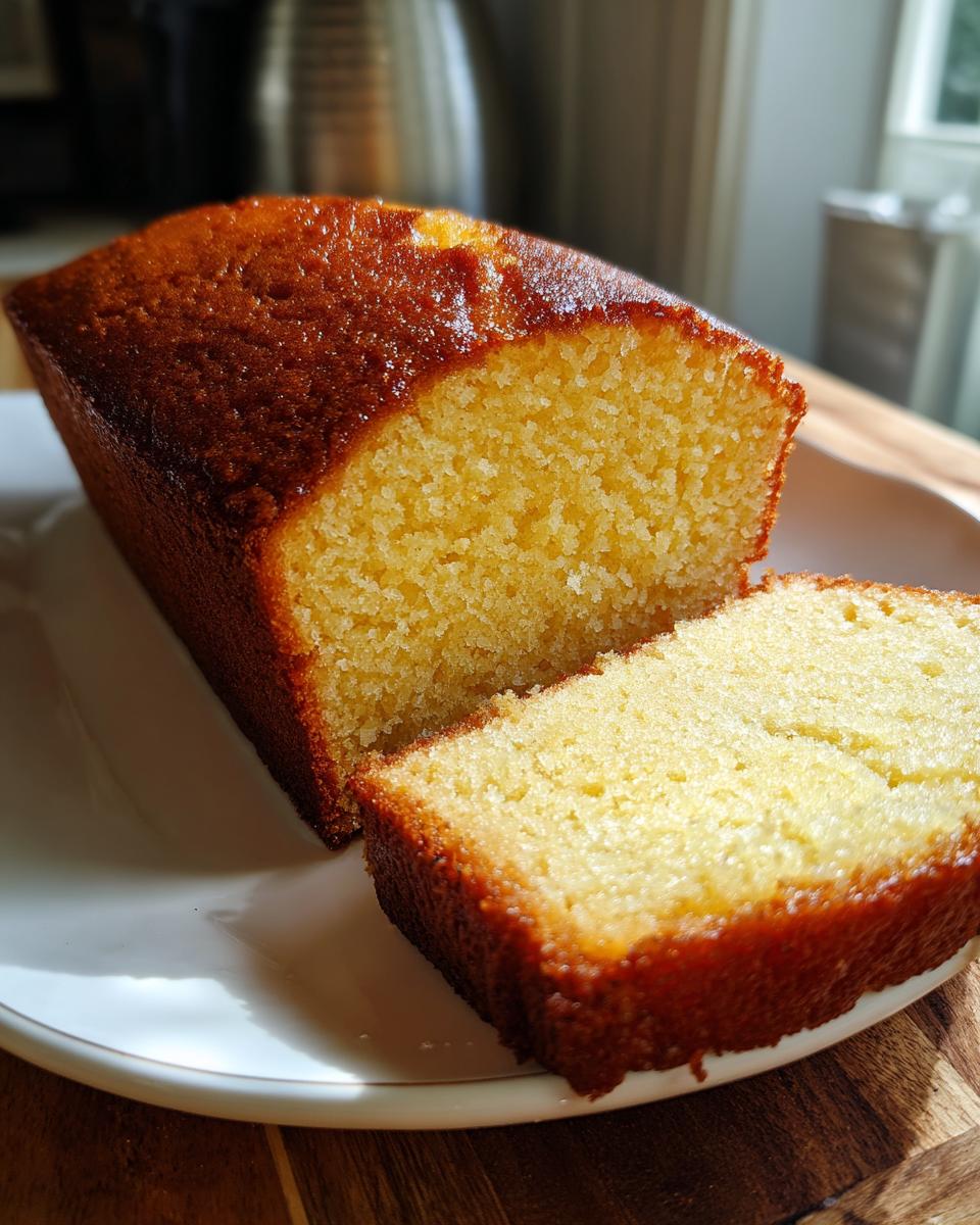 Close-up of a golden-brown cream cheese pound cake, sliced to show its dense, moist interior.