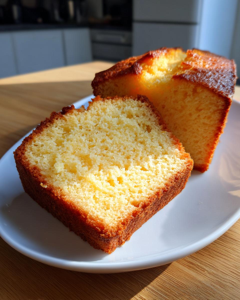 A close-up of a thick slice of golden brown cream cheese pound cake next to the main loaf on a white plate.
