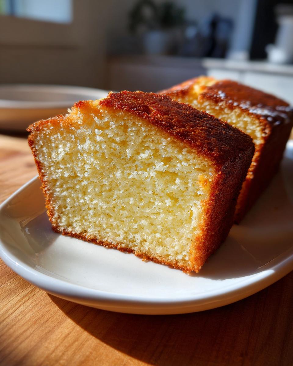 Close-up of a thick slice of moist cream cheese pound cake showing its dense crumb and golden-brown crust.