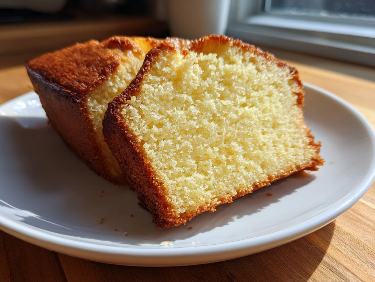 Two thick slices of moist, golden cream cheese pound cake sitting on a white plate.