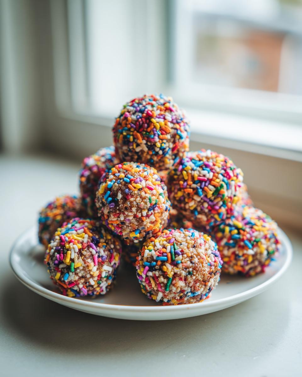A stack of colorful no bake cake batter protein balls covered in rainbow sprinkles on a white plate.