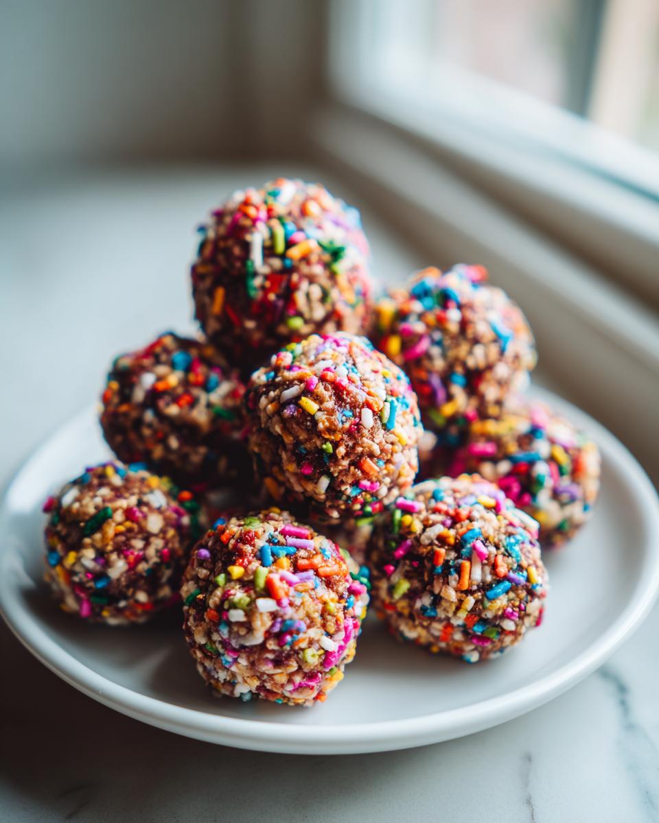 A stack of colorful no bake cake batter protein balls coated in rainbow sprinkles on a white plate.
