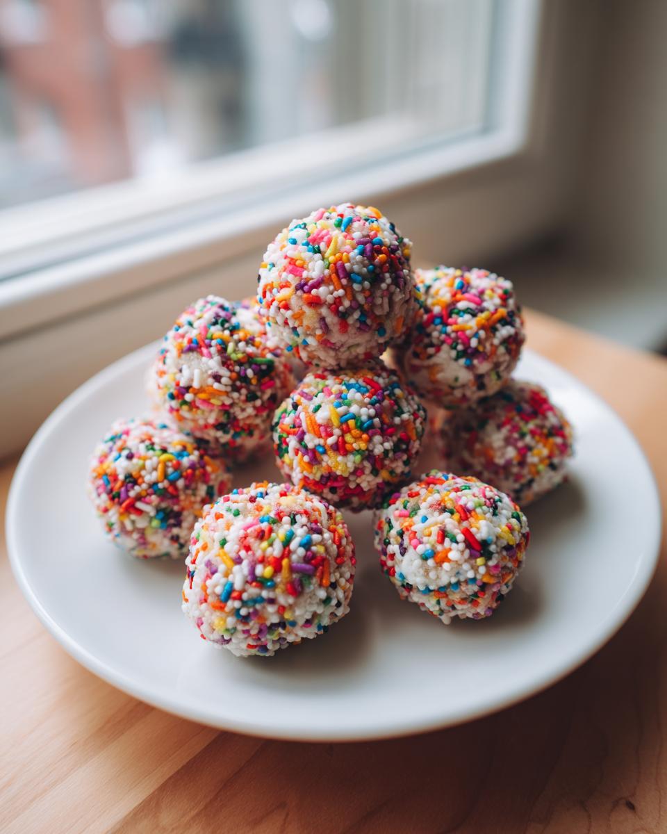 A stack of colorful no bake cake batter protein balls covered in rainbow sprinkles on a white plate.