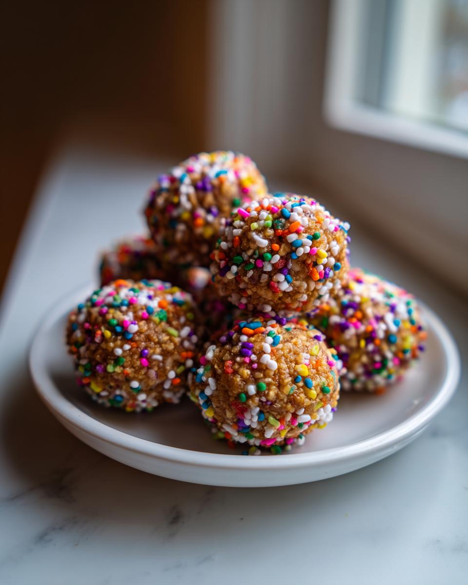 A stack of no bake cake batter protein balls coated in rainbow sprinkles resting on a small white plate.