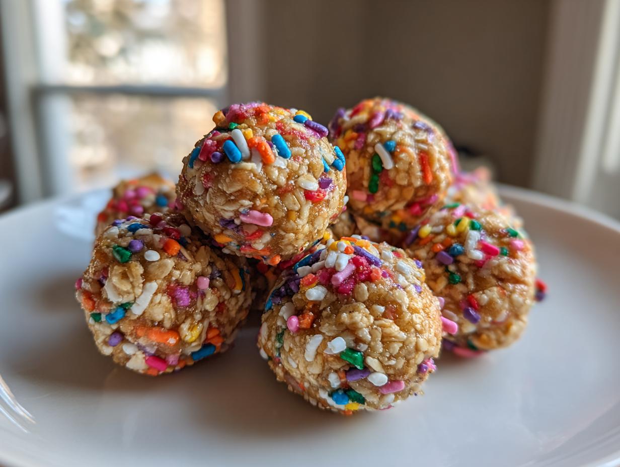 A stack of no bake cake batter protein balls coated in colorful rainbow sprinkles on a white plate.