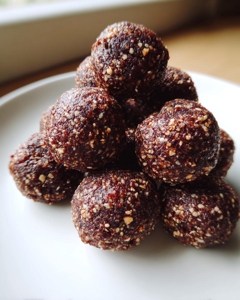 A close-up stack of rich, dark no bake hazelnut cacao bites sprinkled with visible nut pieces.