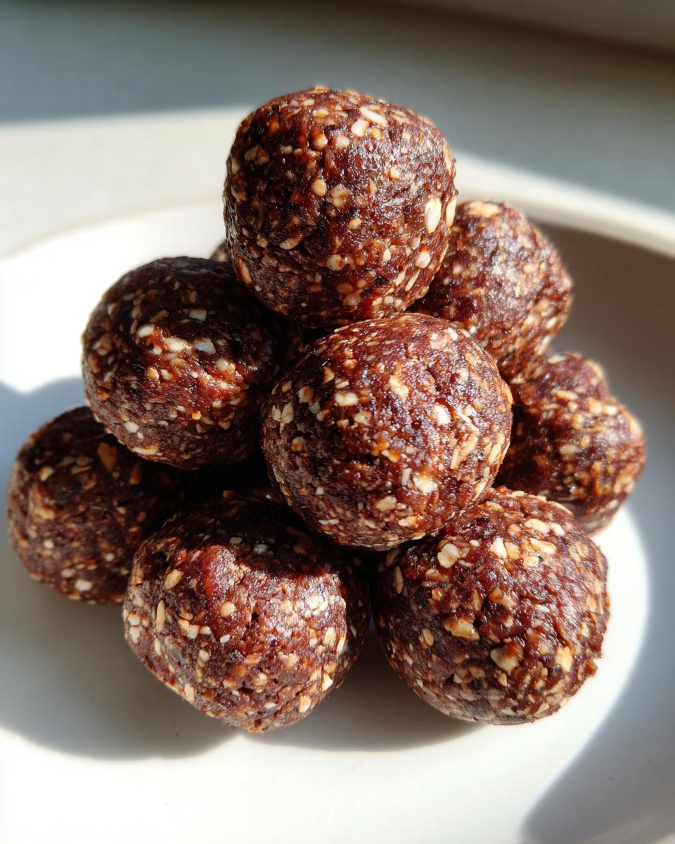 A stack of rich, dark brown no bake hazelnut cacao bites showing visible pieces of chopped nuts and oats.