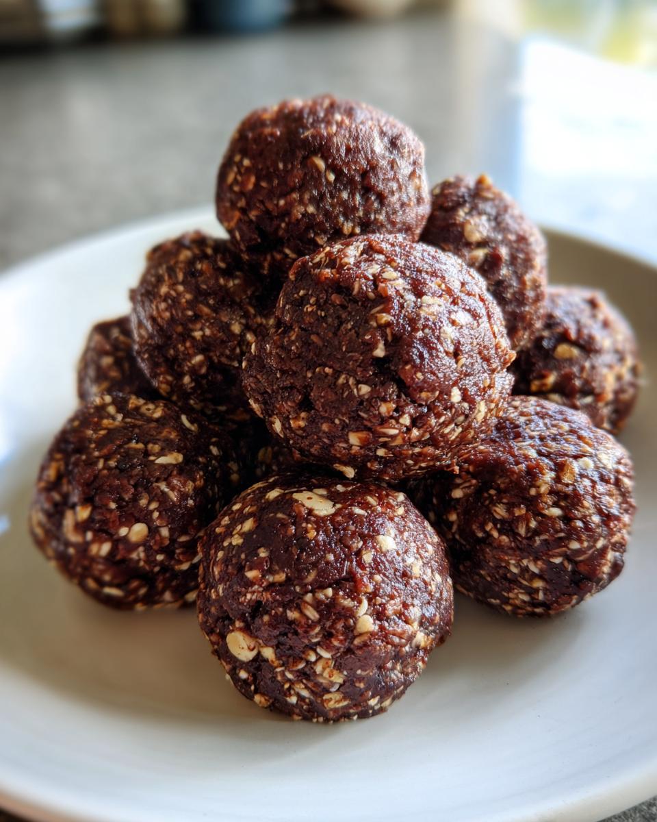 A close-up stack of rich, dark brown no bake hazelnut cacao bites speckled with visible nut pieces.