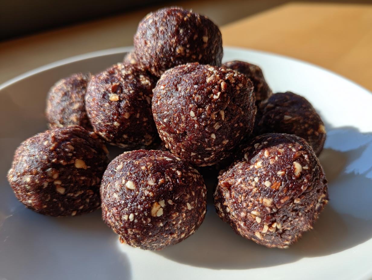 A close-up stack of rich, dark no bake hazelnut cacao bites sprinkled with visible chopped nuts.