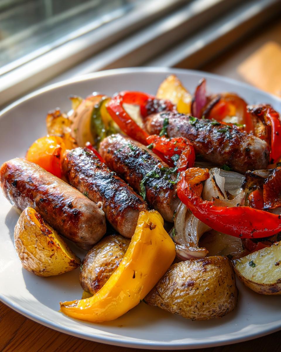 Close-up of grilled sausage peppers onions and potatoes served on a white plate.