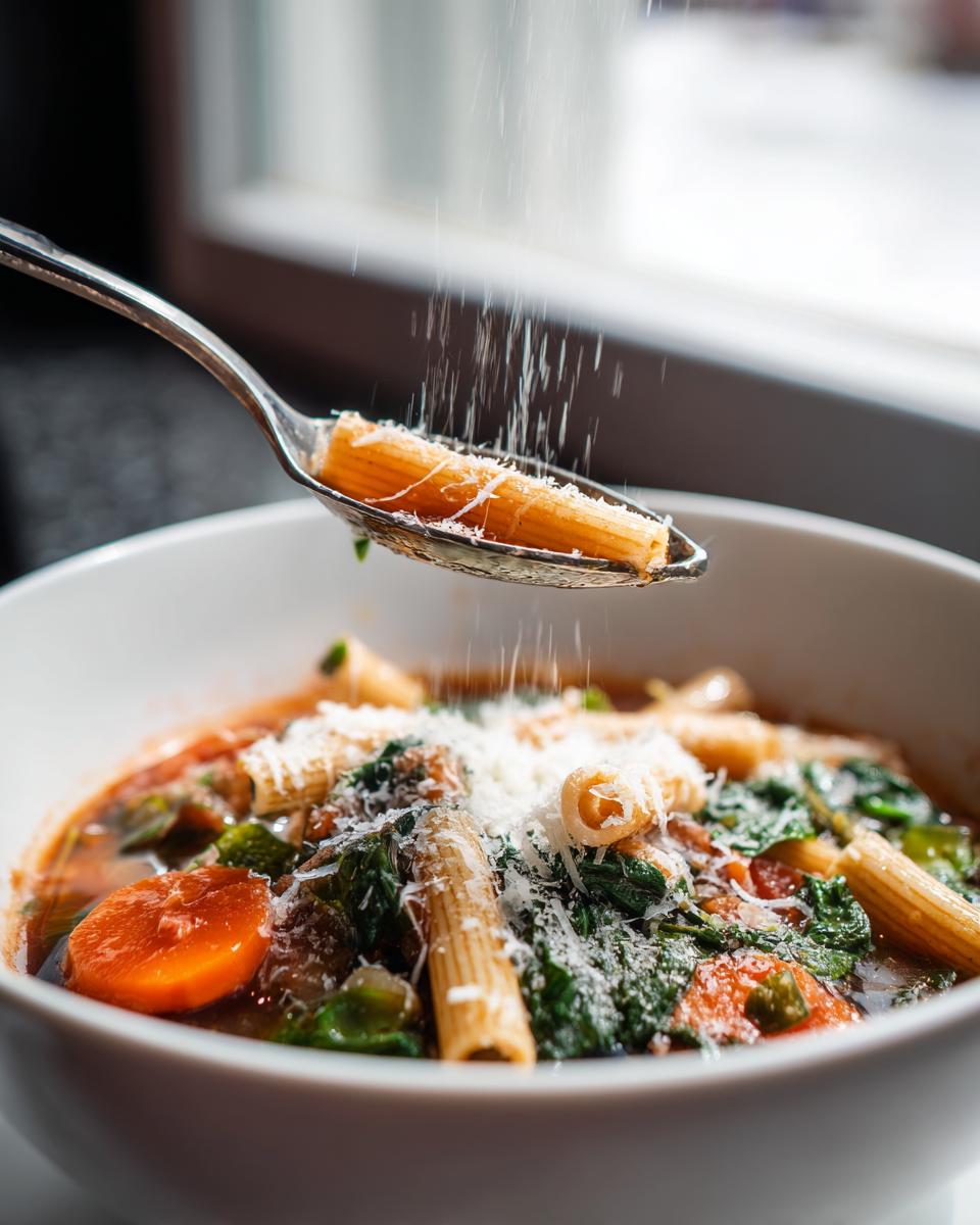 A spoonful of pasta is held over a bowl of minestrone soup while grated Parmesan cheese falls onto the vegetables and broth.