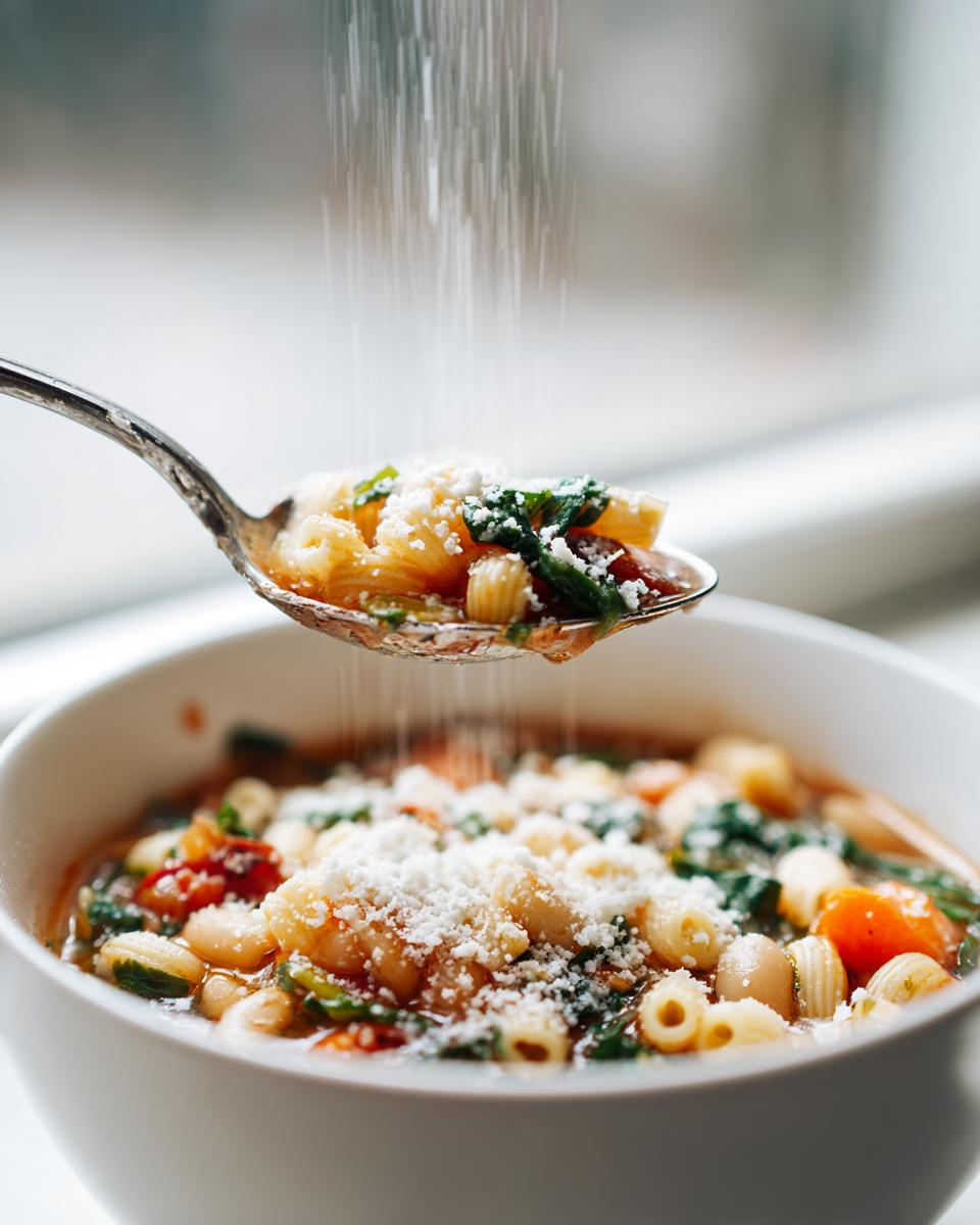 Grated Parmesan cheese being sprinkled over a spoonful of hearty minestrone soup filled with pasta and vegetables.