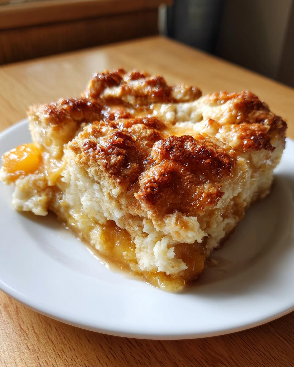 A close-up of a square serving of peach cobbler recipe with a golden brown, crumbly top and gooey peach filling.