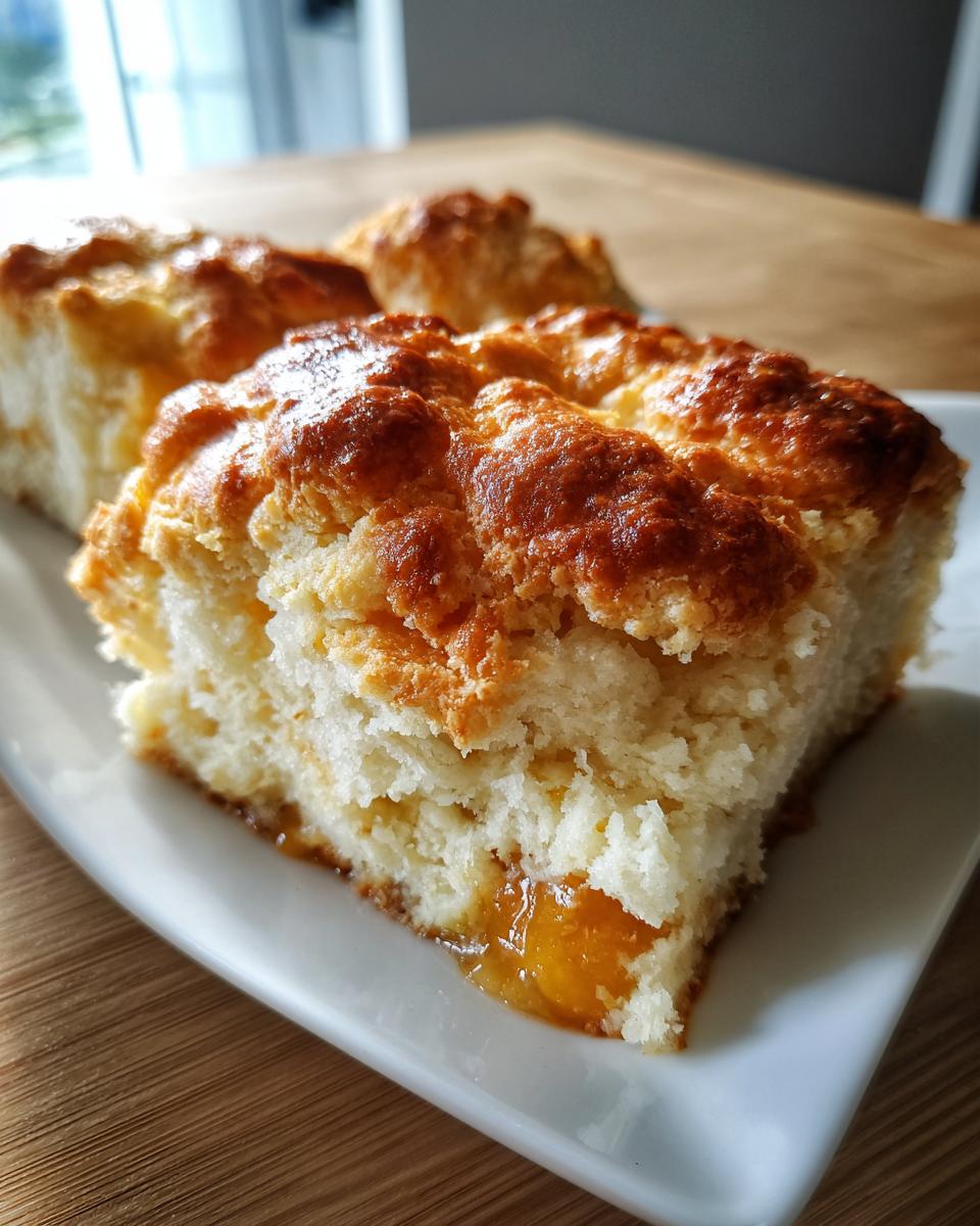 A close-up of a square serving of peach cobbler recipe with a golden, crumbly top and visible melted peach filling.