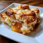 A close-up of a square serving of peach cobbler recipe with a golden, crumbly topping and warm, gooey peach filling.