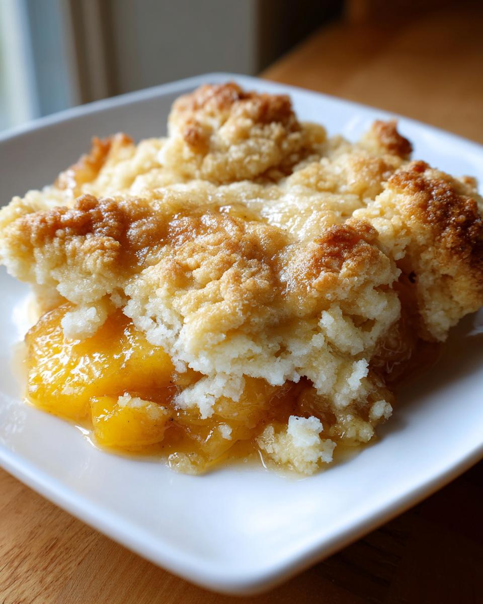 Close-up of a warm serving of peach cobbler recipe with a golden, crumbly topping and syrupy peaches.
