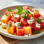 Close-up of a vibrant peach watermelon salad featuring cubed fruit, feta cheese crumbles, and fresh mint leaves.