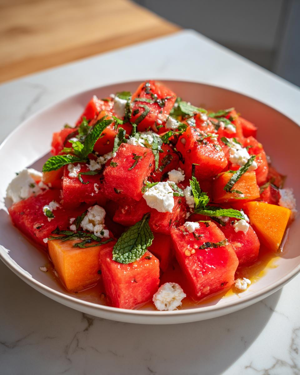 Close-up of a vibrant peach watermelon salad featuring cubed fruit, crumbled feta cheese, and fresh mint leaves.