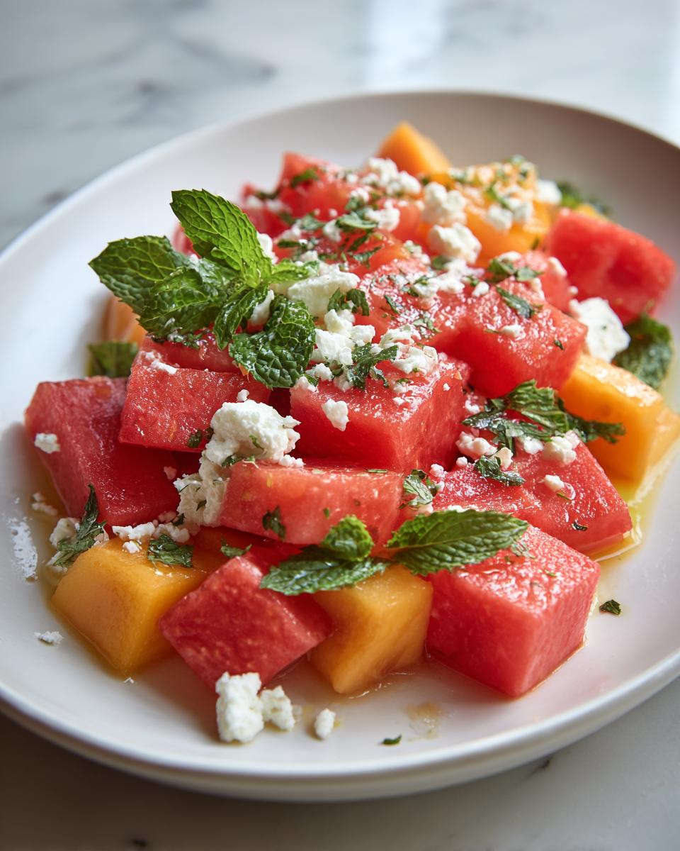 Close-up of a refreshing peach watermelon salad featuring cubed watermelon, cantaloupe, crumbled feta, and fresh mint leaves.
