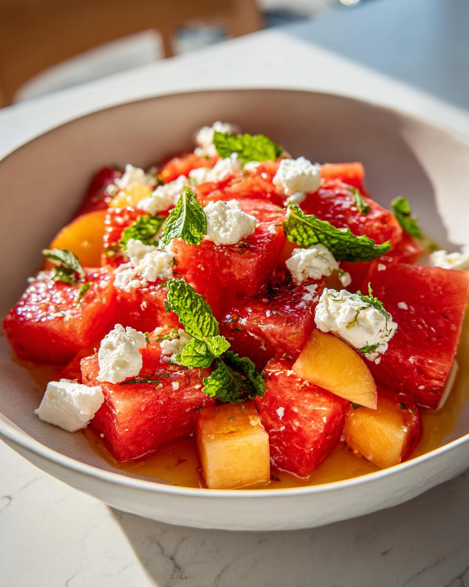 A close-up of a bowl filled with cubes of watermelon and peach, topped with crumbled feta cheese and fresh mint leaves in a light dressing, showcasing the peach watermelon salad.
