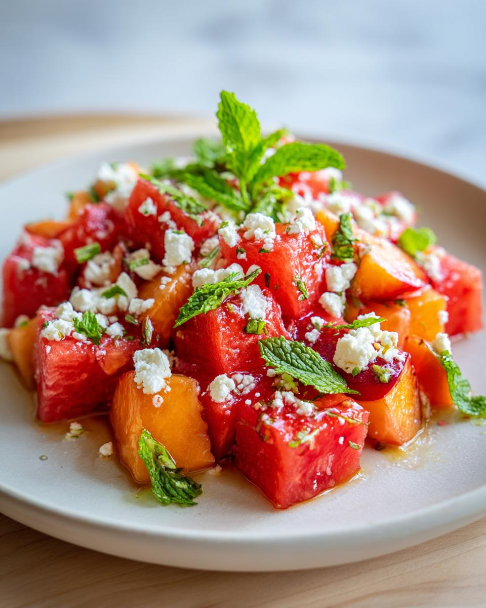 Close-up of a refreshing peach watermelon salad topped with crumbled feta cheese and fresh mint leaves.