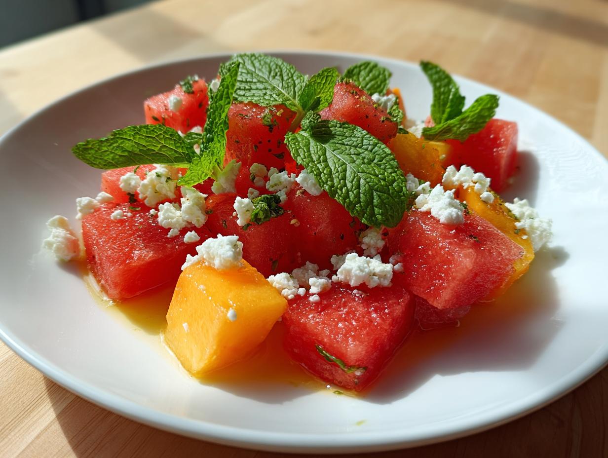 Close-up of a refreshing peach watermelon salad featuring cubes of red watermelon, orange peach, crumbled white feta, and fresh mint leaves.
