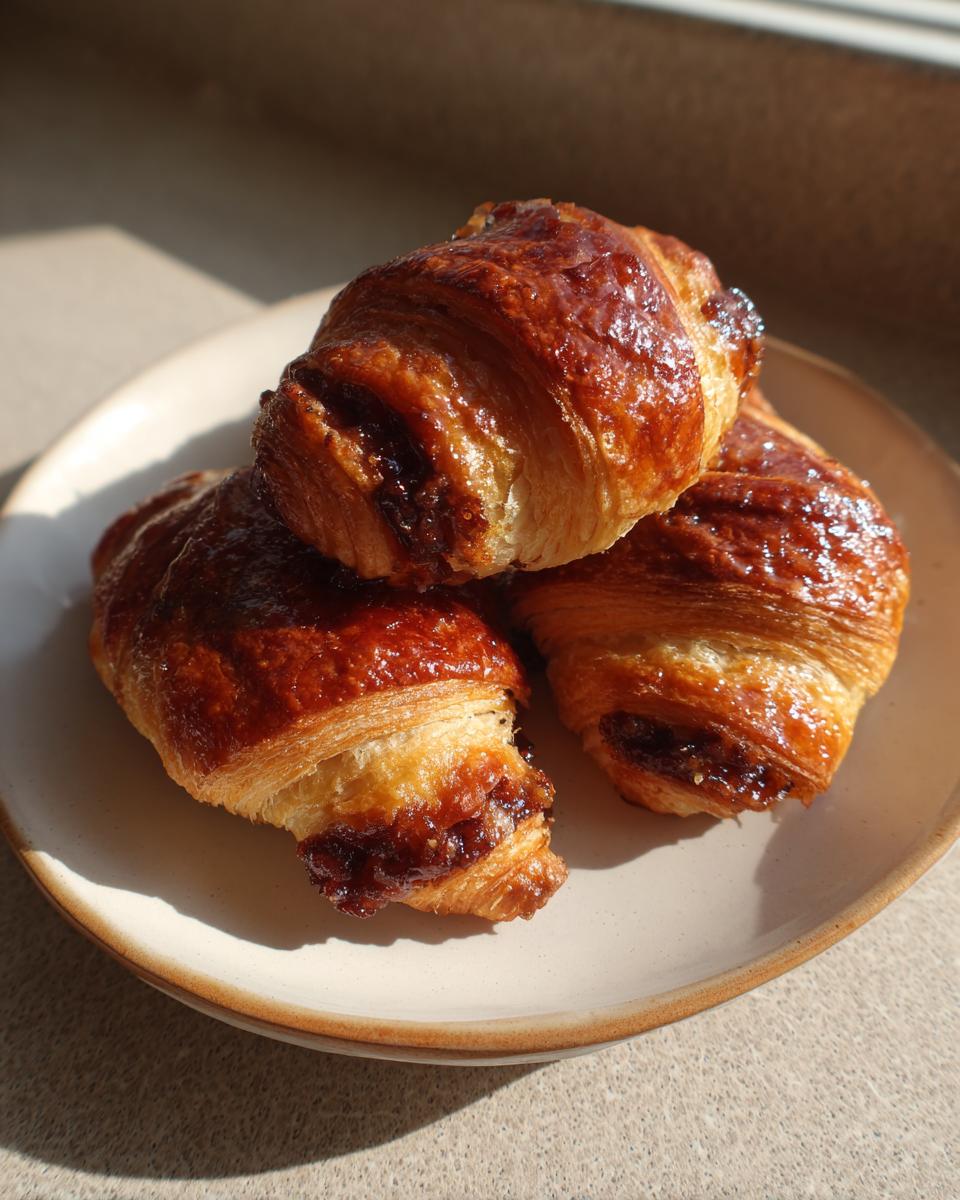 Three golden, flaky pecan pie crescents stacked on a light ceramic plate, glistening in the sunlight.