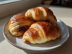 Three golden brown pecan pie crescents stacked on a light ceramic plate, glistening in the sunlight.
