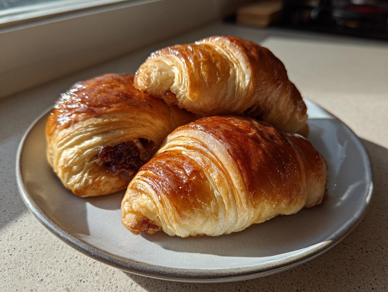 Three golden brown pecan pie crescents stacked on a light ceramic plate, glistening in the sunlight.
