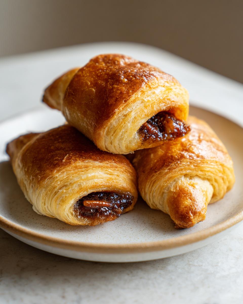 Three golden-brown pecan pie crescents stacked on a small plate, showing the gooey pecan filling inside.